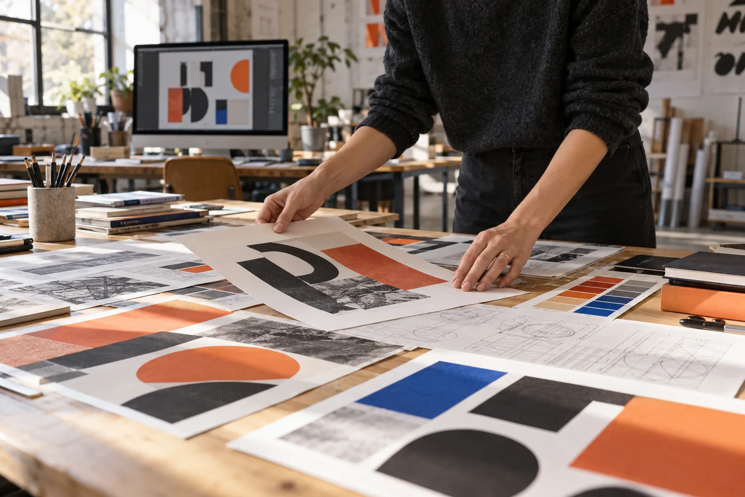 Designer arranging geometric print proofs on a studio table
